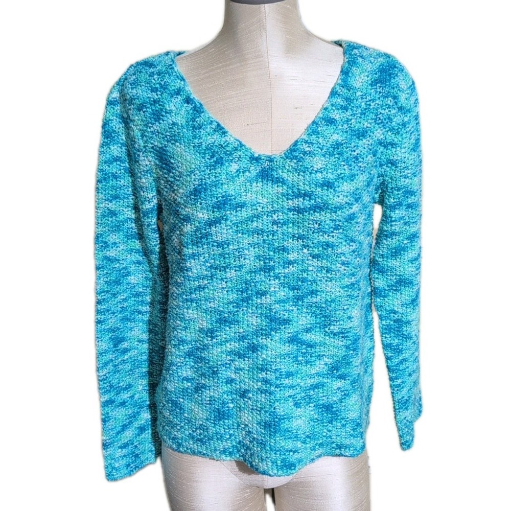 J Jill Womens XS Wild Cotton Sweater Blue Green Cozy Coastal Cottage Core Vibes